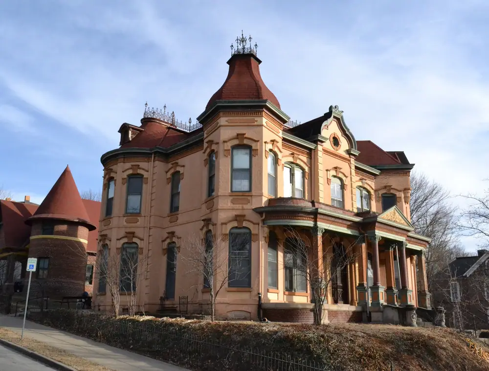 The Hax Mansion, a Victorian house with a mansard roof and turret on Museum Hill in St. Joseph, Missouri